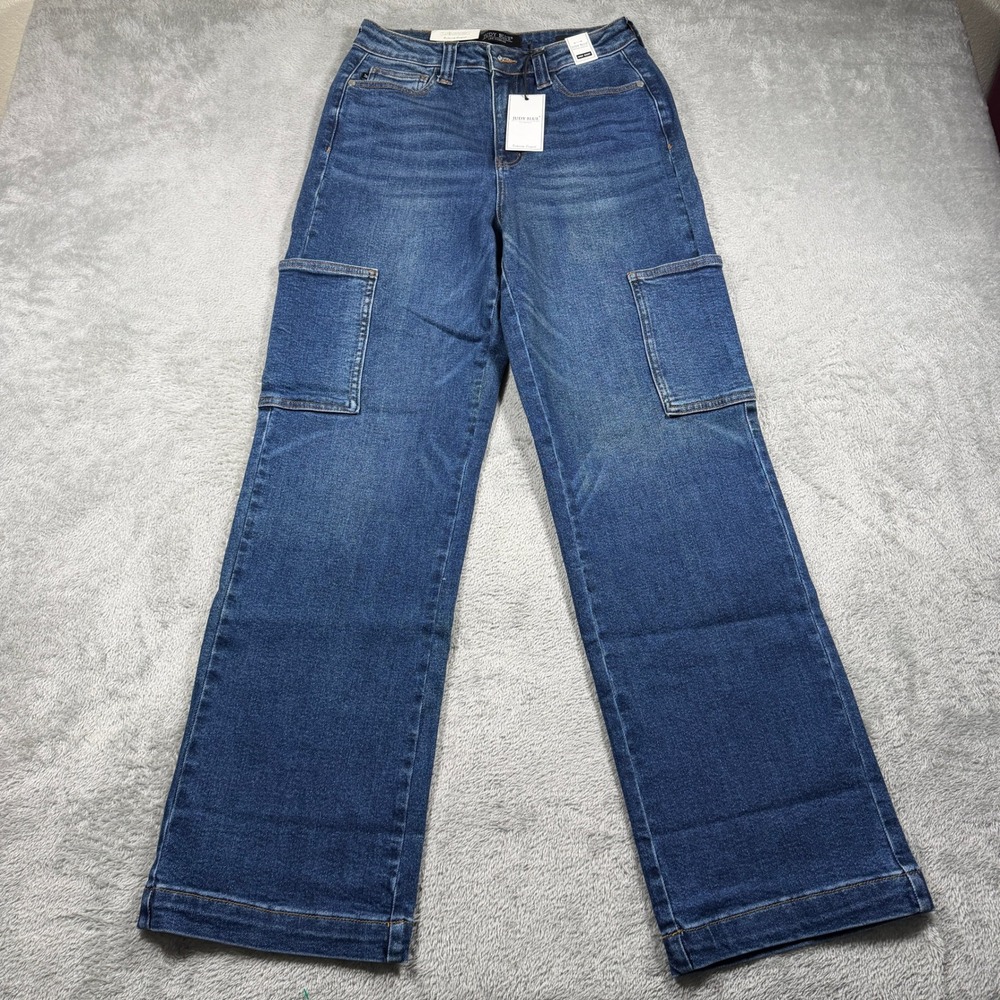 Judy Blue High Waist Wide Leg Cargo Jeans Women 7/28 Blue Medium Wash JB88725 DK